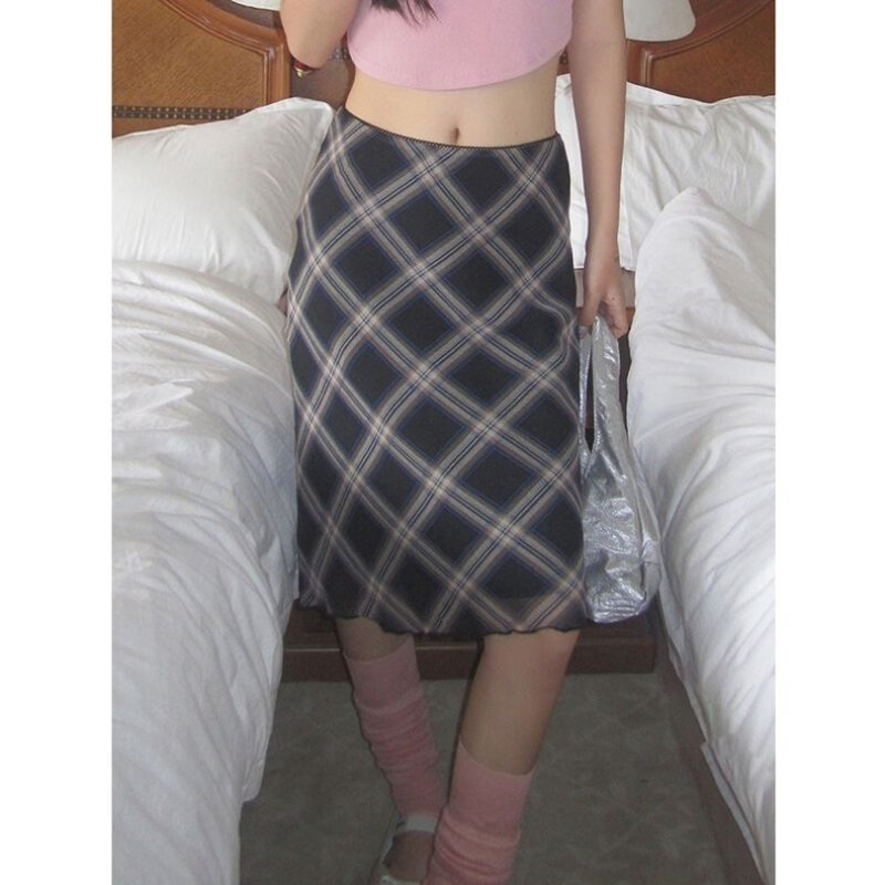 Deeptown Plaid Skirt Mid Skirt Elegant Vintage Sweet Cute Ruffle Skirts Aesthetics Korean Fashion Streetwear Casual Tulle Skirt