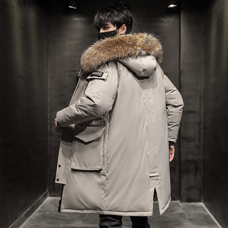 Chaqueta de plumón de pato con capucha para hombre, abrigo largo y cálido de longitud media, Parkas gruesas sueltas, Color sólido, invierno, 2023