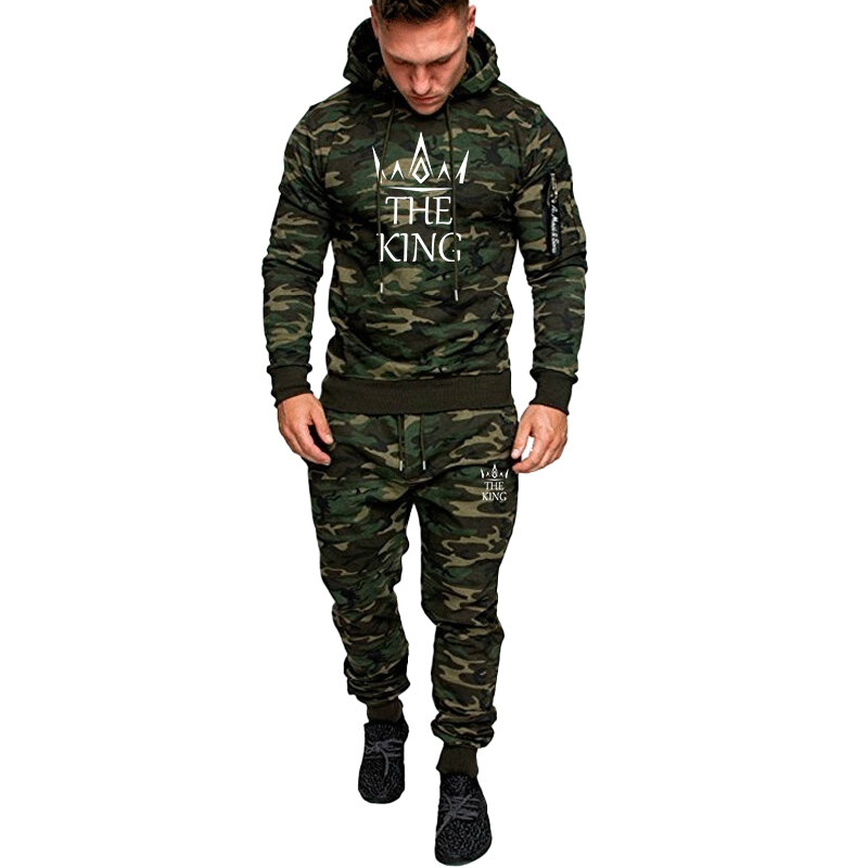 Roupa esportiva de camuflagem masculina, conjunto esportivo com capuz estampado, jaqueta e calça, conjunto para corrida, outono