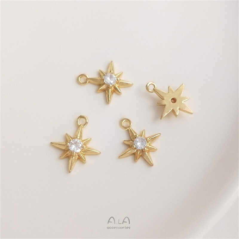 Ouro 14k embutidos zircão pingente, pequenas jóias, estrela de oito pontas, pulseira artesanal, colar, brinco, DIY, K183