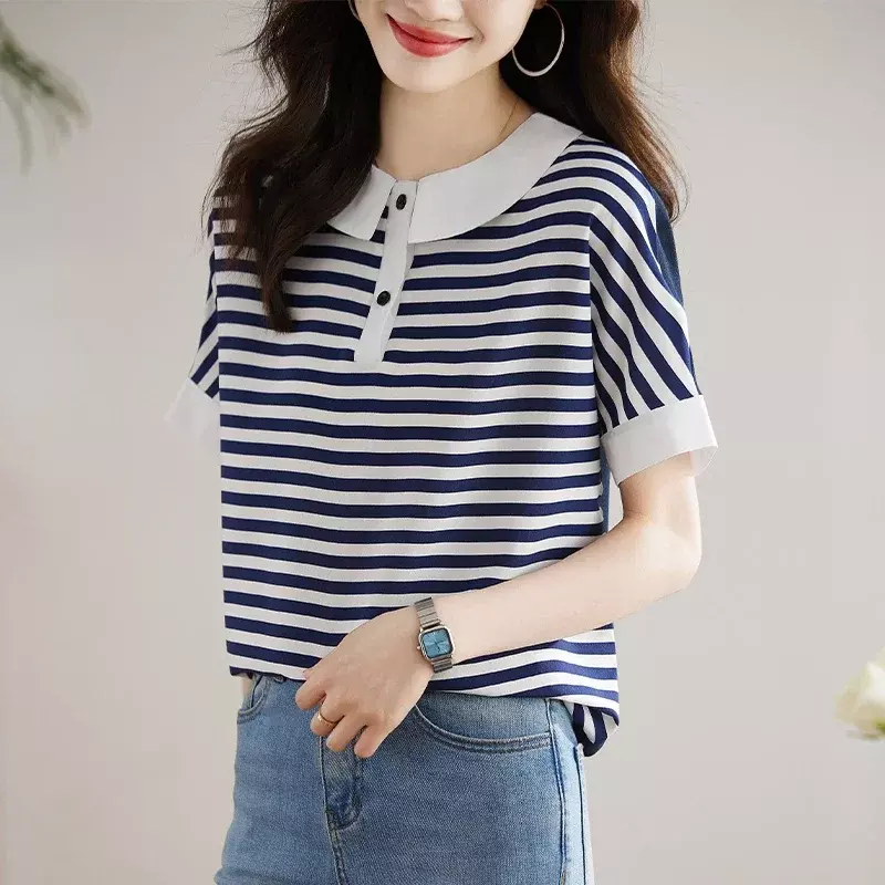 Doll collar women's Polo striped short sleeve shirt covers the belly in summer to show thinness