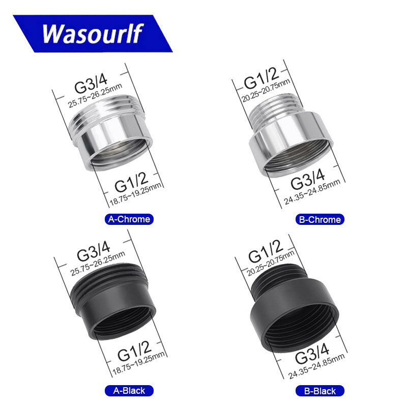 WASOURLF Bathroom Kitchen Pipe Hose Adapter G 1/2 3/4 Inch Male Thread Transfer Connector Shower Faucet Accessories Black Chrome