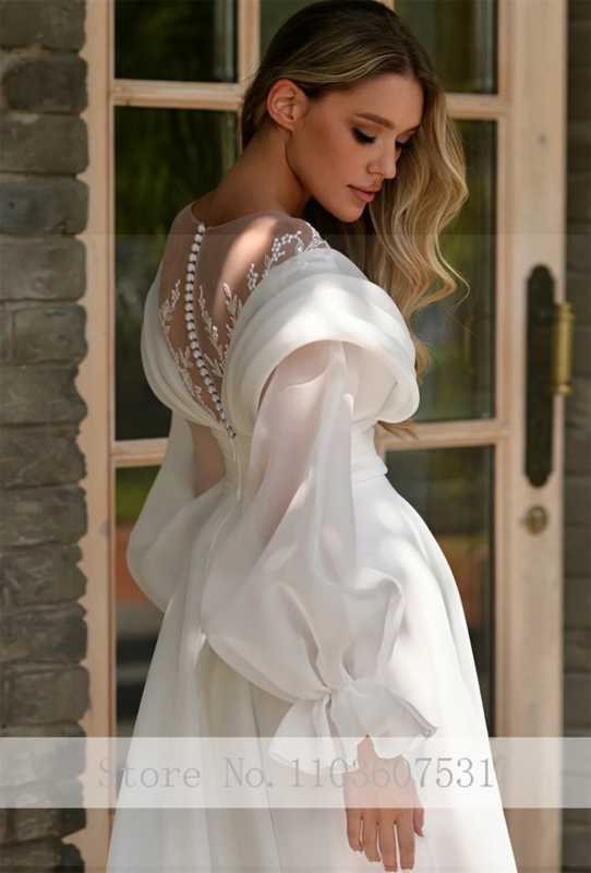 Vestido de novia de manga larga abullonada con cuentas de gasa de cuello transparente para mujer, vestido de novia plisado con corte