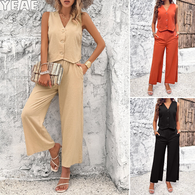 Yeae lässiges Temperament feste Farbe Baumwolle und Leinen Damen weste Anzug Frühling und Sommer heißer Verkauf Mode Damen anzug neu 2024