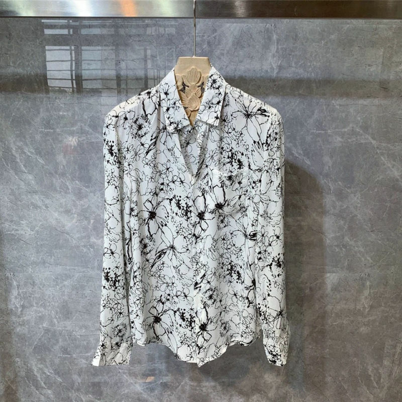 홍콩 스타일 폴로 칼라, 맞춤형 프린트, 루즈핏 캐주얼, 잘생긴 긴팔 셔츠, 용수철 여름 패션, 2024 신상