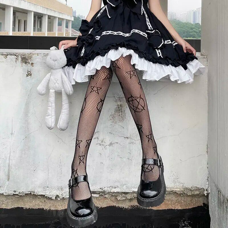 Lolita น่ารัก Pentacle พิมพ์ Tights ผู้หญิงเซ็กซี่ Gothic Punk Magical Five-Pointed Star ตาข่ายสุทธิ Pantyhose Body ถุงน่อง