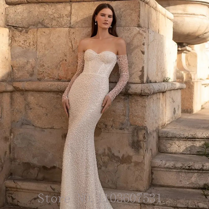 Off the Shoulder Beaded Sequins Wedding Dress for Bride Sheath Mermaid Wedding Gown with Removable Tulle Cout robe de mariée
