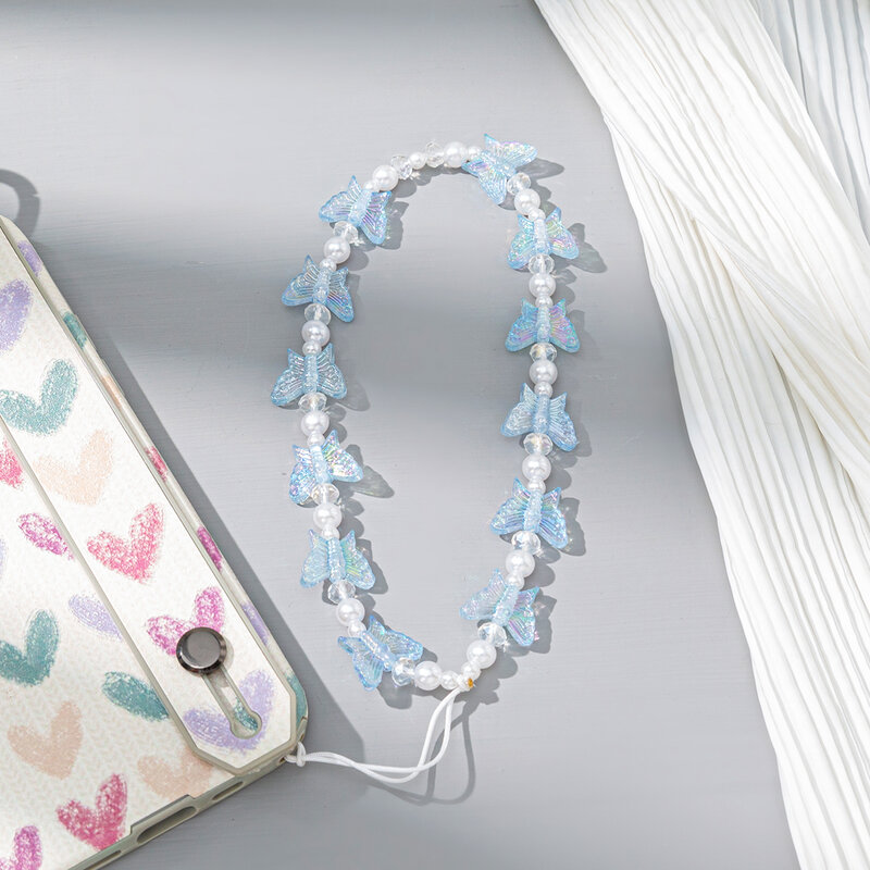 Tali Lanyard Ponsel Manik-manik Mutiara Akrilik Kupu-kupu Mode Berkilau untuk Wanita Manis Anak Perempuan Perhiasan Rantai Ponsel Antijatuh