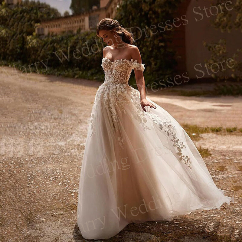 Piękna wróżka suknie ślubne w linii elegancka koronka aplikacje klasyczne suknie panny młodej z odkrytymi ramionami Sweetheart Vestidos De Novia