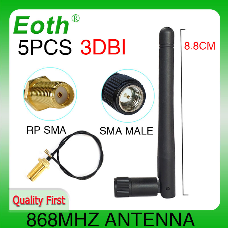 EOTH-antena de 5 piezas y 868mhz, 3dbi, sma macho, 915mhz, lora, módulo iot, lorawan, ipex, 1 SMA, Cable de extensión hembra pigtail
