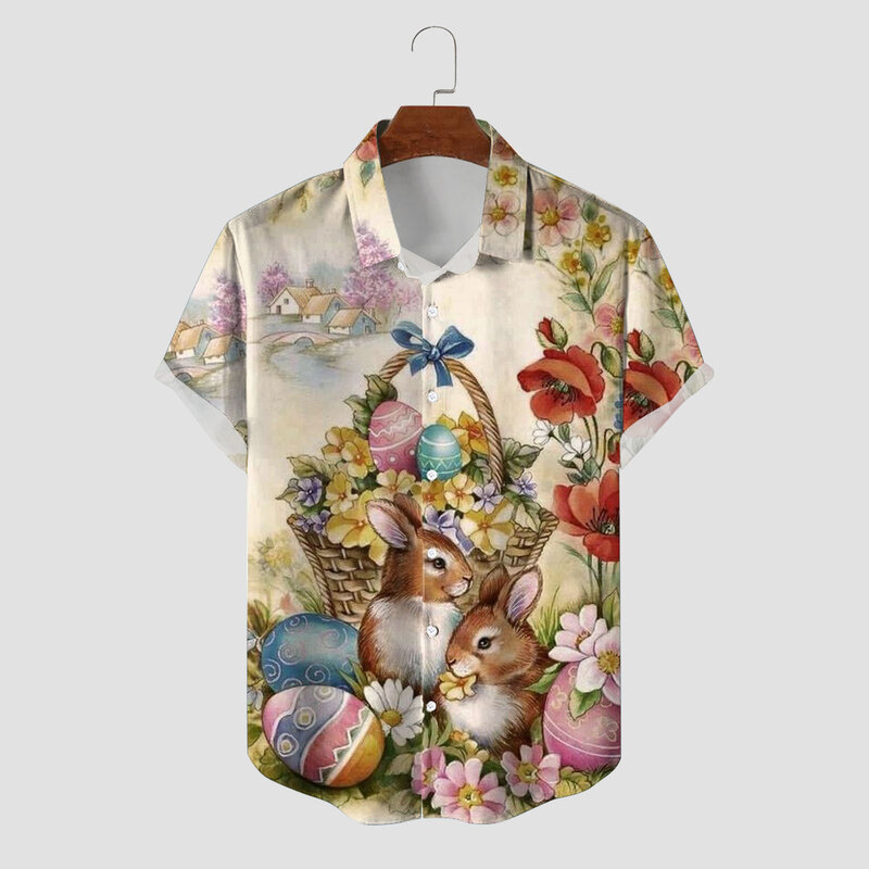 Camiseta con estampado 3D de Pascua para hombre, camisas de manga corta con solapa, camisas estampadas, Tops casuales, camisas sólidas de fiesta, camisas étnicas