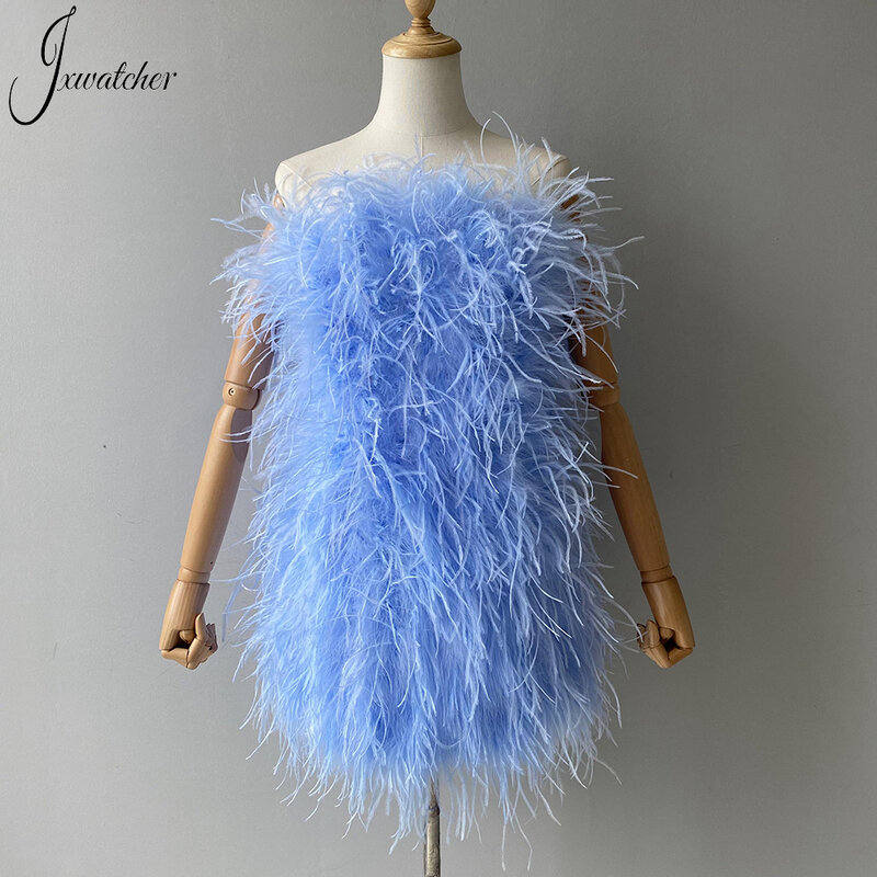 Jxwatcher-진짜 타조 깃털 가슴 포장 드레스, 새로운 패션 섹시한 미니 칵테일 드레스, 레이디, 끈이 없는 무도회 드레스, 2022