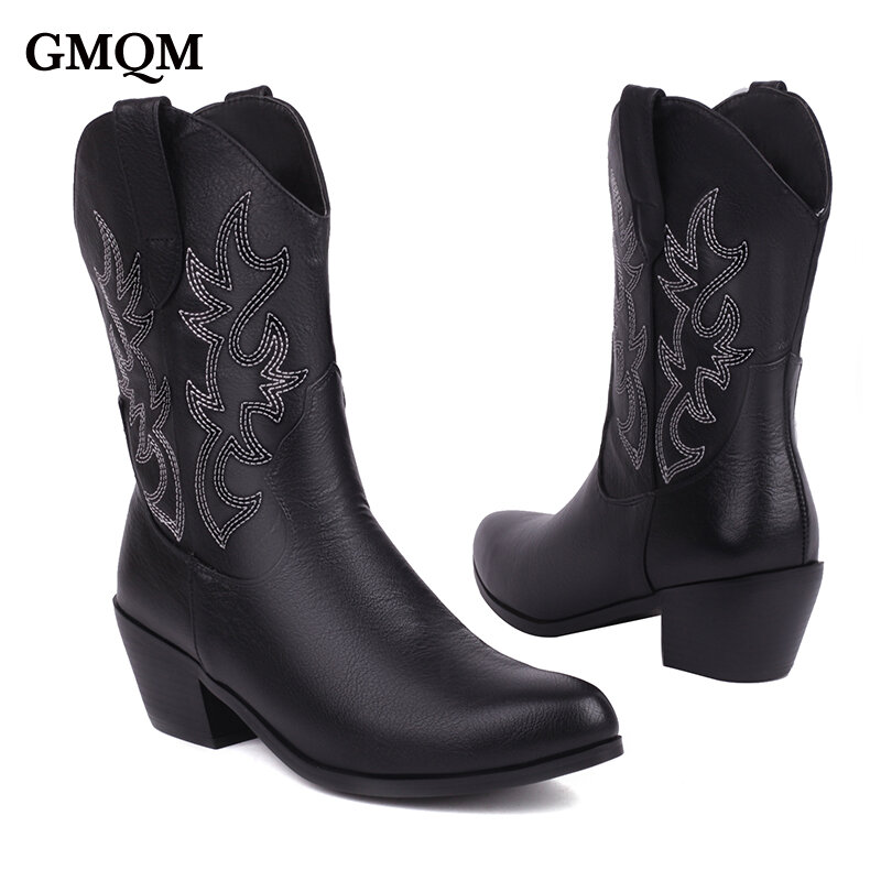 GMQM-Bottes de cowboy mi-mollet à talons hauts pour femmes, chaussures de mode occidentales, décontractées, courtes, pointues, Parker, broderie, marque, chaud, nouveau, 2023