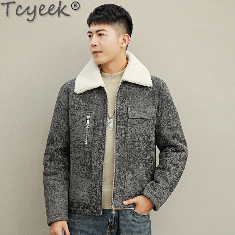 Tcyeek-Casaco de carneiro natural masculino, jaqueta de couro genuíno, jaqueta de motocicleta, pele real, roupas da moda, inverno