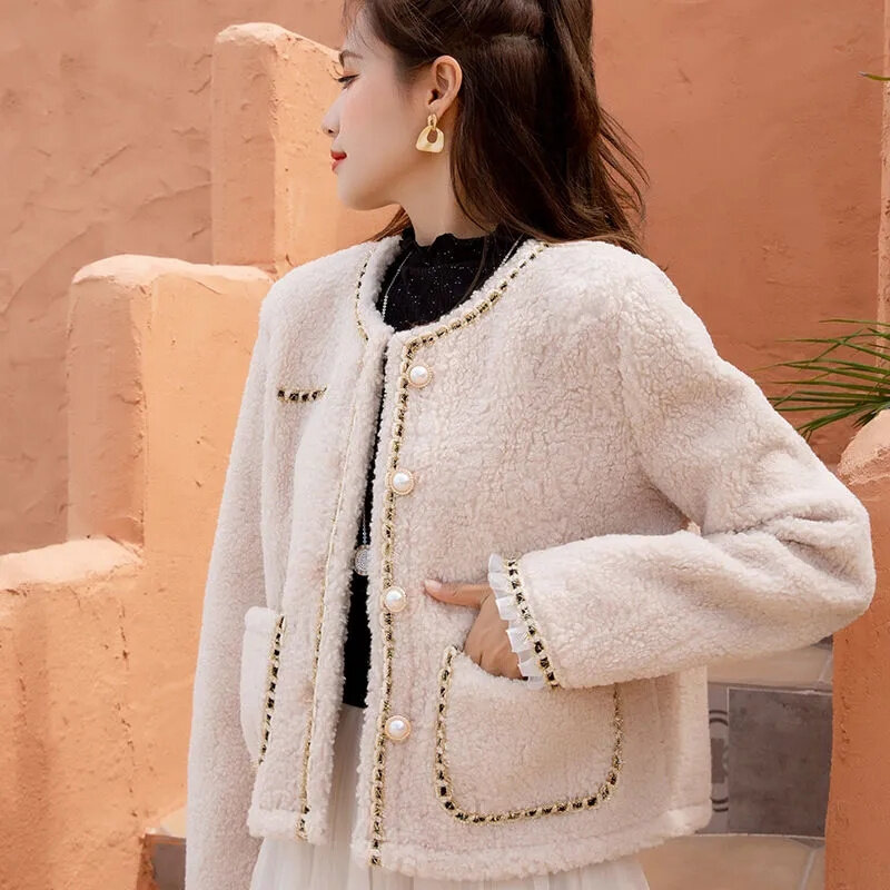 Женское меховое пальто, короткая куртка из искусственной овечьей кашемировой шерсти на осень и зиму, 2023