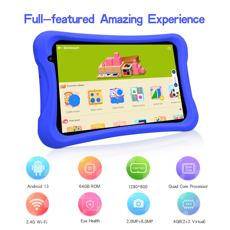 PRITOM Tablet per bambini da 8 pollici Android 13 Go Quad Core Processor 4GB(2 + 2 virtuale) RAM 64GB ROM 8.0 MP fotocamera posteriore con custodia protettiva