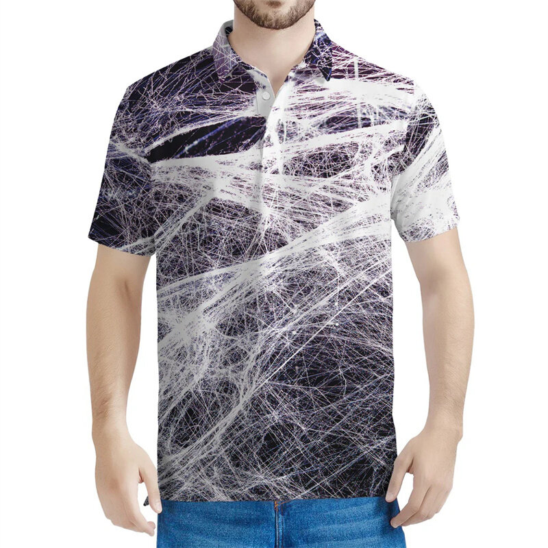 Kaos Polo pola horor Cobweb pria, kemeja lengan pendek motif laba-laba 3D kasual kancing jalanan musim panas