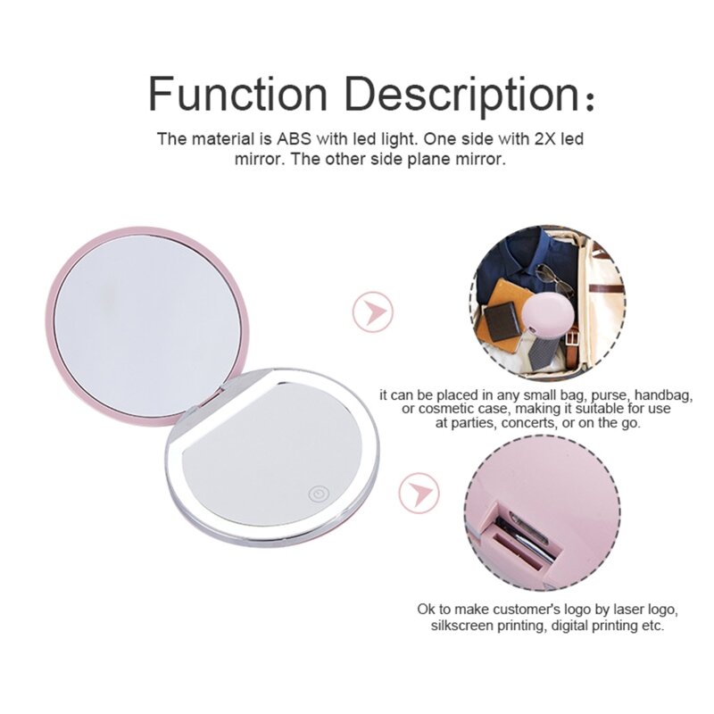 Portable Mini Makeup Mirror Compact Pocket Rechargeable Two-side Folding Makeup Mirror with LED Light Cosmetic Mirror