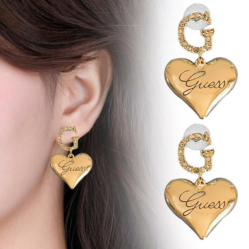 1 pasang anting-anting tetes logam hati trendi untuk wanita anak perempuan gaya Korea anting-anting kancing G huruf hati cinta besar perhiasan mode G J4B9