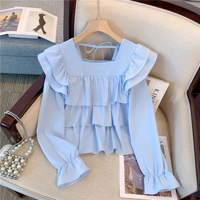 Korean Artsy Design Square Collar Ruffled Long Sleeve Shirt for Women 2023 Autumn New Elegant Versatile Top