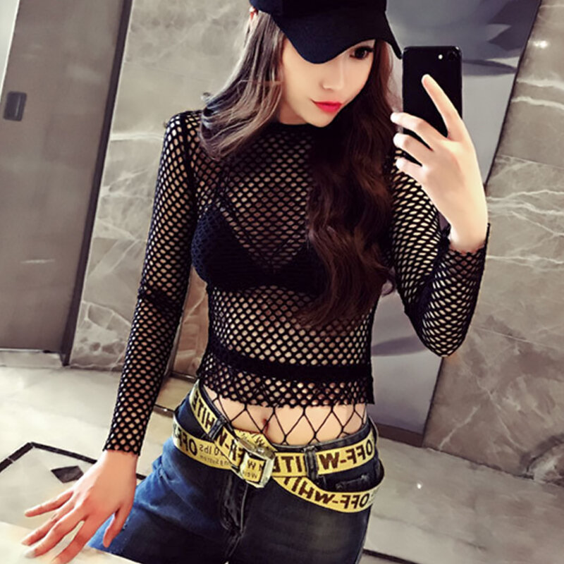 Kaus seksi untuk wanita Goth hitam ketat jala tembus pandang kaus lengan panjang Pullover Crop Top Gotik Turtleneck pakaian jalanan