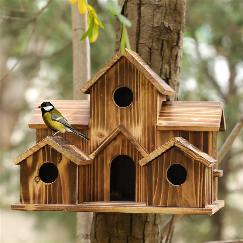 บ้านนกไม้แบบแขวนสำหรับนอกบ้านบ้านนกไม้6รูสำหรับตกแต่งสวนหลังบ้าน