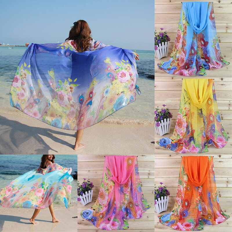Women Fashion Accessories Silk Scarf Chiffon Shawl Beach Towel Long Cape Wrap Sarong Summer Cover Up Print Floral 160x50cm