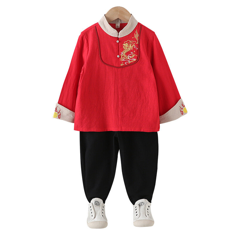 Spring Autunm Kids Long Sleeve Two Piece Set Clothing Chinese Lovely Boys Hanfu Traditional Embroidery Tang Suit