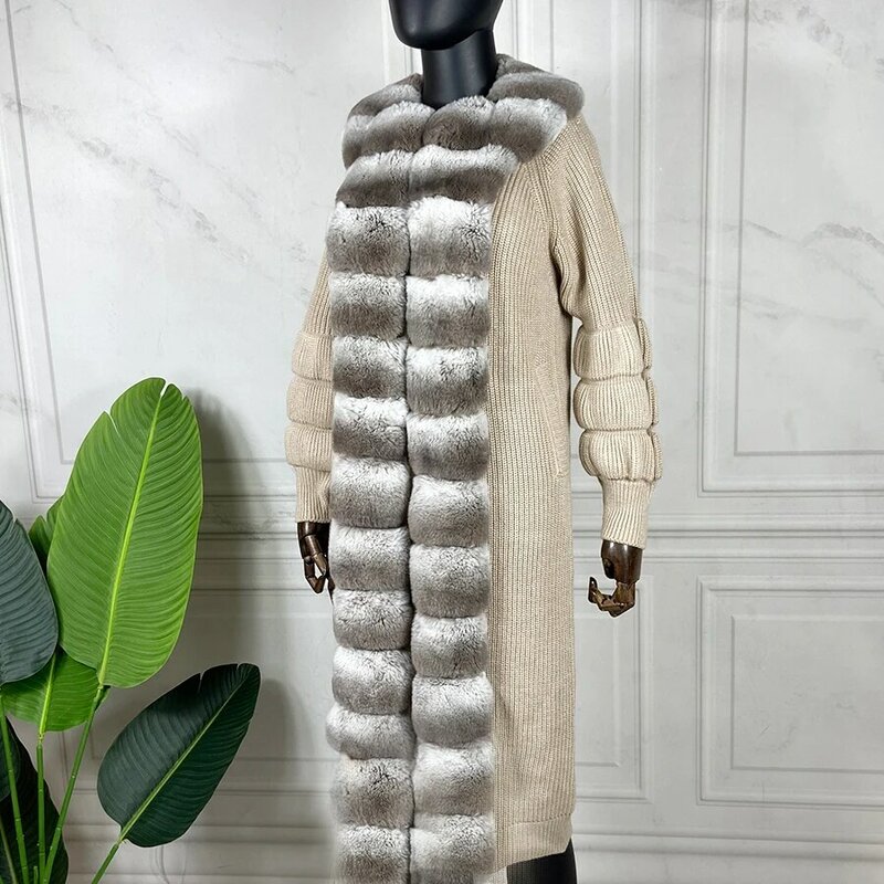 Cashmere Sweater Women Fur Cardigan Winter Fashion Poncho Rex Rabbit Fur Trim