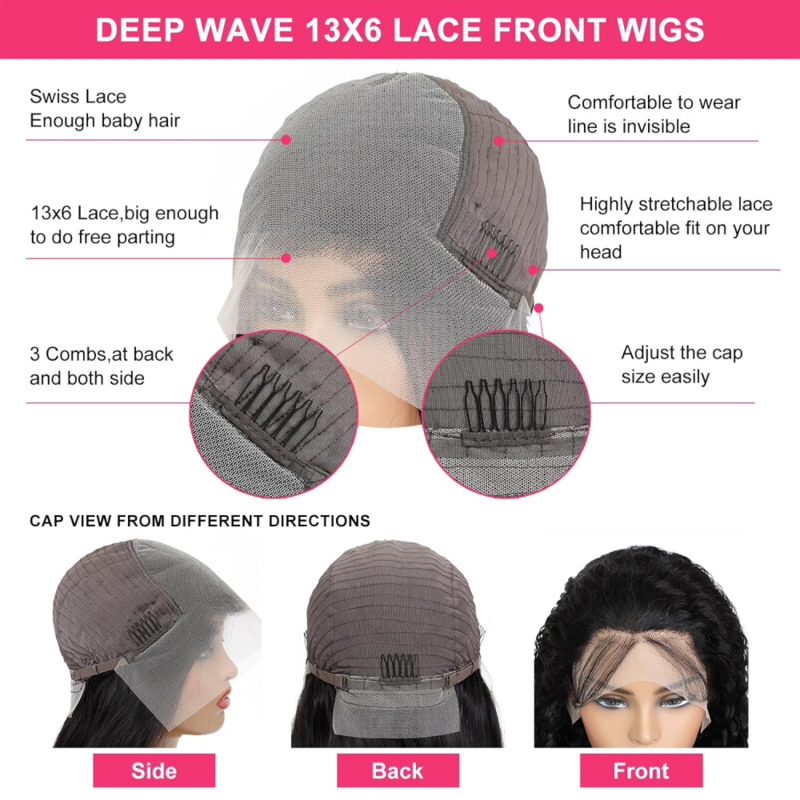 Perruque Lace Front Wig Deep Wave Naturelle, Cheveux Bouclés, Sans Colle, 13x6 HD, Pre-Plucked, pour Femme