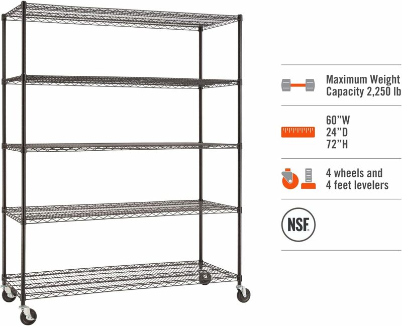 Basics estantería de alambre ajustable de 5 niveles con ruedas para organización de cocina, almacenamiento de garaje, lavandería