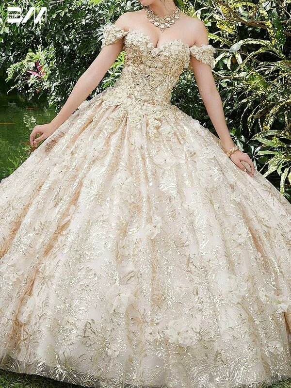 Vestido Quinceanera sem ombro com apliques florais, vestido de baile de cristal, 16 doces vestidos de coquetel, 2023