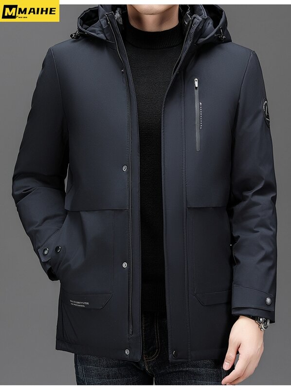 Jaket katun musim dingin pria, jaket bisnis modis lapisan tebal dapat dilepas hangat panjang sedang ukuran besar