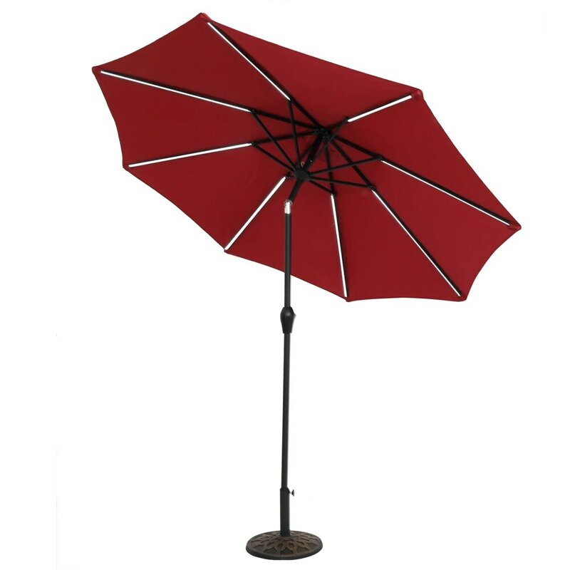 9FT Outdoor Patio Strip Light Umbrella Waterproof Folding Sunshade 270x270x243CM Wine Red/Top Color Easy to Use[US-Stock]