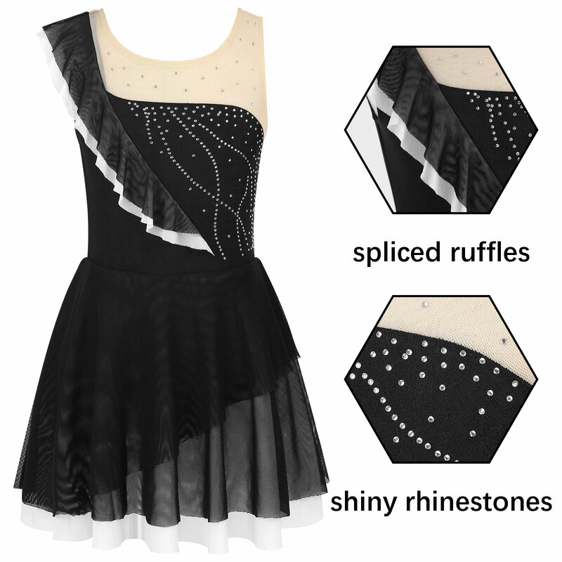 키즈 소녀 비대칭 세련된 의류 민소매 라운드 넥 스케이트 드레스 반짝 이는 라인 석 장식 주름 장식 패치 워크 베일 드레스