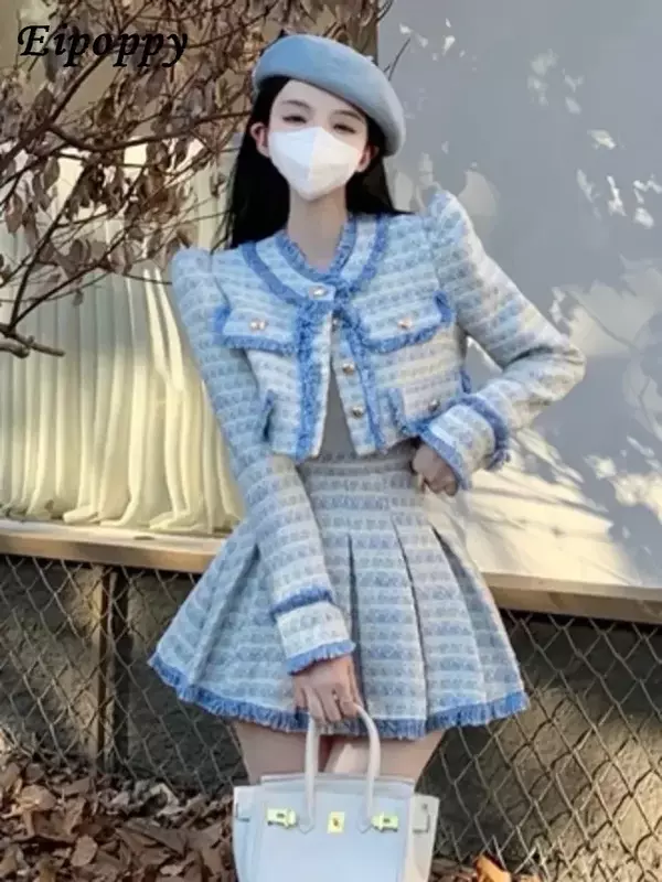 High Quality Tassel Small Fragrance Tweed 2 Piece Set Women Short Jacket Coat + Skirt Sets Korean Fashion Sweet Two Piece Suits