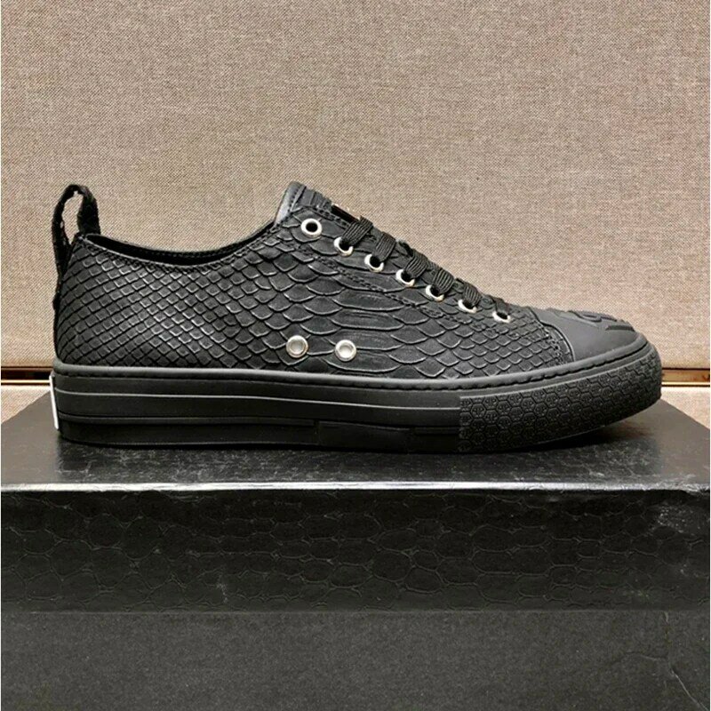 Men's metal snakeskin pattern low-top lace, breathable leather shoes, fashionable and fashionable, high quality