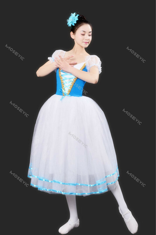 Tutú romántico Giselle para niñas, trajes de Ballet, Vestido largo de tul de terciopelo, vestido de bailarina de patinaje, vestido de coro de manga abullonada, nuevo