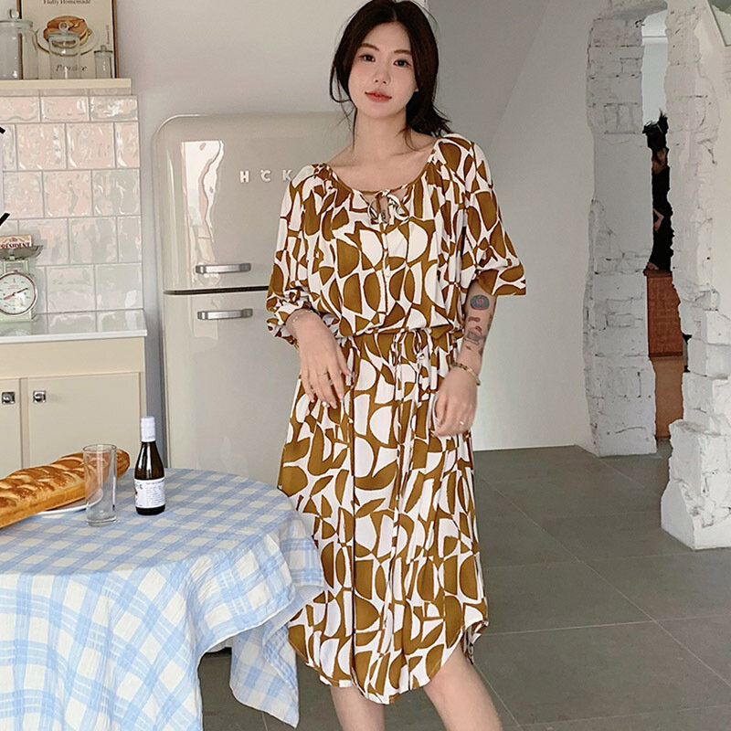 Sweet Round Neck Half Sleeve Skirt Pajama Colorful Printed Cotton Silk Nightdress in Summer Female Home Wear Women's Clothing