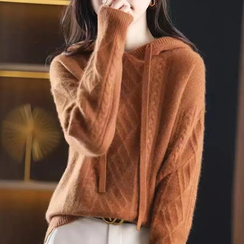 Suéter de punto con capucha para mujer, jersey de manga larga, informal, Vintage, coreano, Otoño e Invierno