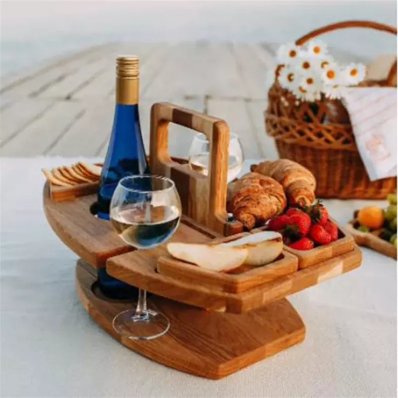 โต๊ะปิกนิกไม้พับได้พร้อมที่วางแก้วชั้นวางแก้วไวน์โต๊ะพับได้ถาดของว่างสำหรับงานปาร์ตี้ในสวน
