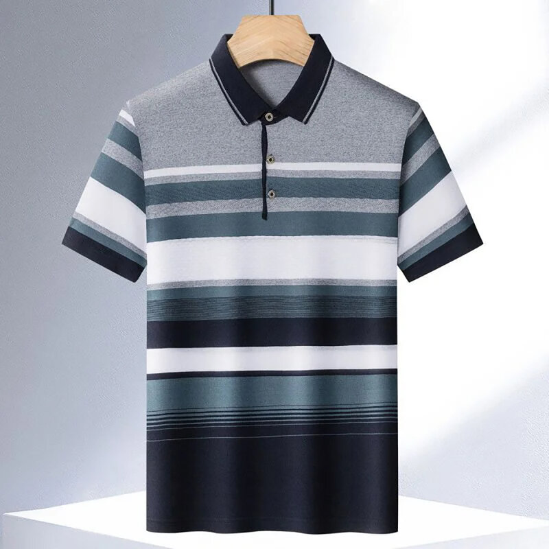 Business Casual Men's Polo T-Shirt Summer Short Sleeves Tops Stripe Print Button T Shirt Oversized Clothing Fashion Polo Shirts