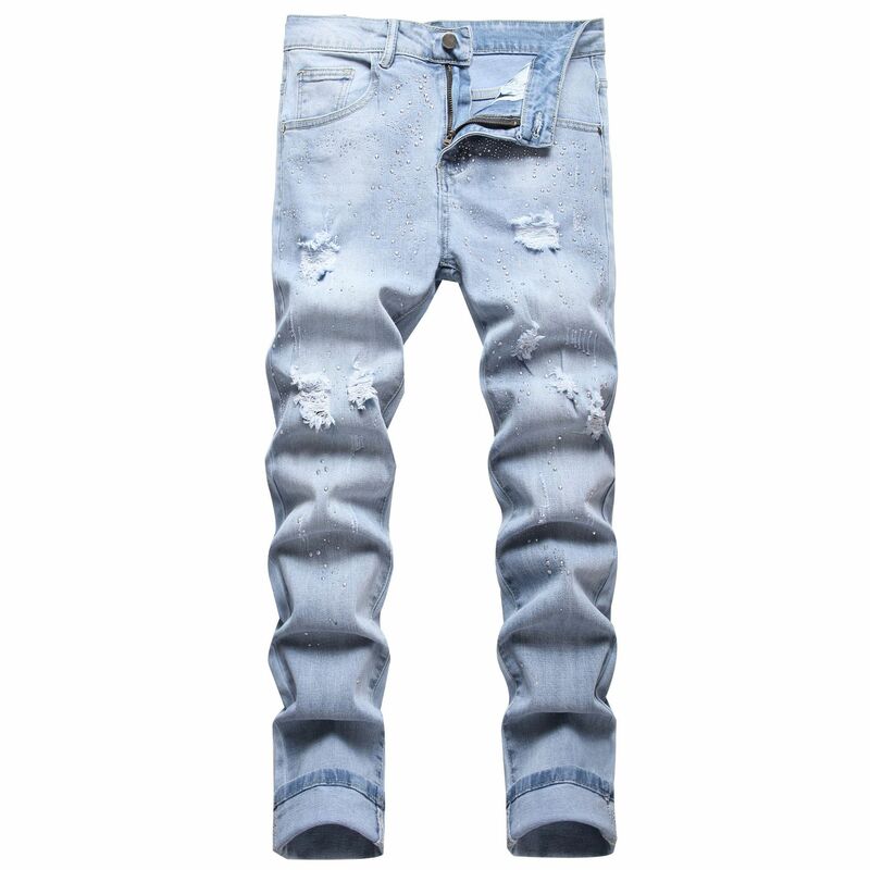 Y2K Streetwear Mens New Fashion Harajuku Hot Diamond Ripped Jeans Causal Men Stretch Slim Fit Cargo Denim Pant Jean Trousers