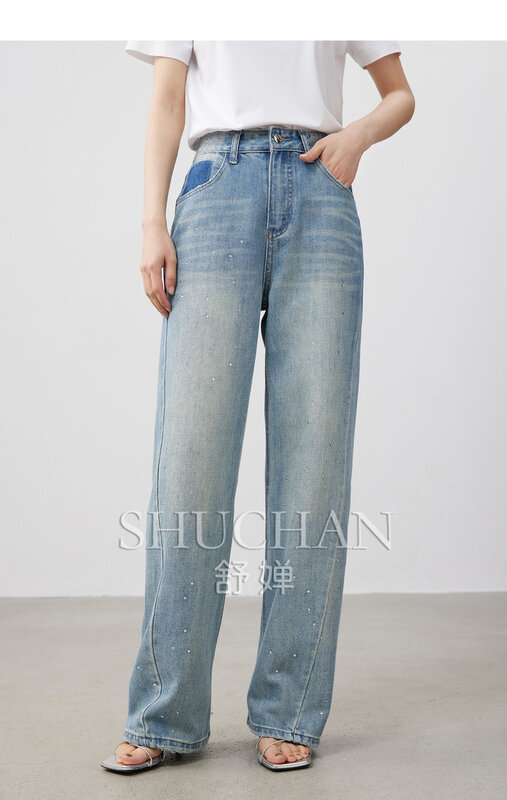 Jeans de cintura alta feminino, streetwear diamante, primavera e verão, 2024