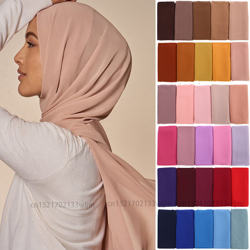 Xales Chiffon Hijab muçulmanos para mulheres, envoltórios de cabeça monocromáticos, lenços para senhoras, véu muçulmano, 72*175cm