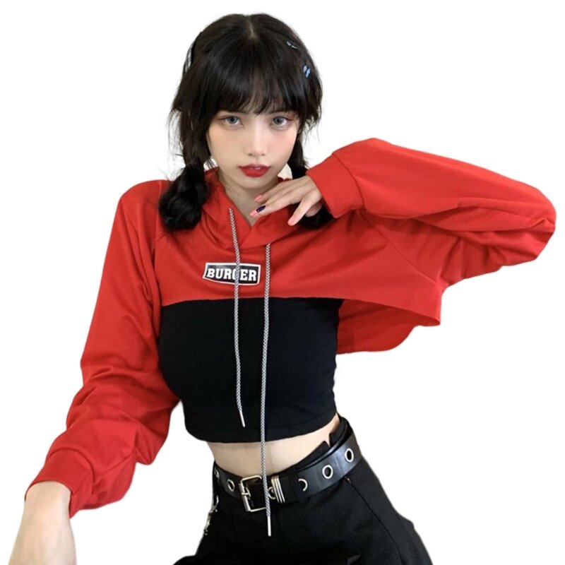 Mit Hut Frauen Langarm kurz geschnitten Super-Crop Top Hoodies Sweatshirt ästhetische Punk Hip-Hop-Tanz sexy Rave Kleidung für Frauen