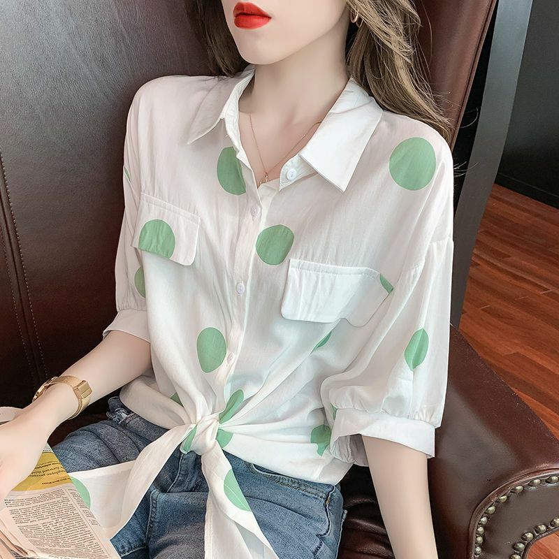 Camisa holgada con solapa para mujer, blusa Coreana de media manga con lazo y lunares, Tops informales de gran tamaño, moda de verano, 2023
