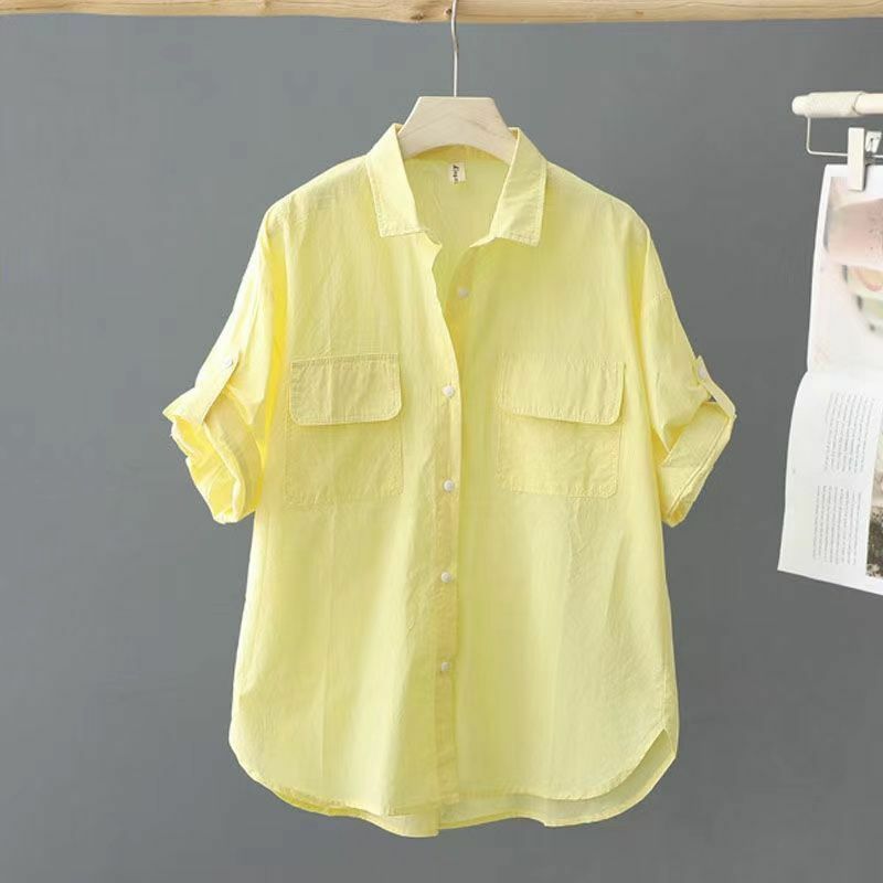 Camisa de manga curta feminina, 100% puro algodão, cor sólida, top solto e fino, design de outerwear, novo, verão, 2024