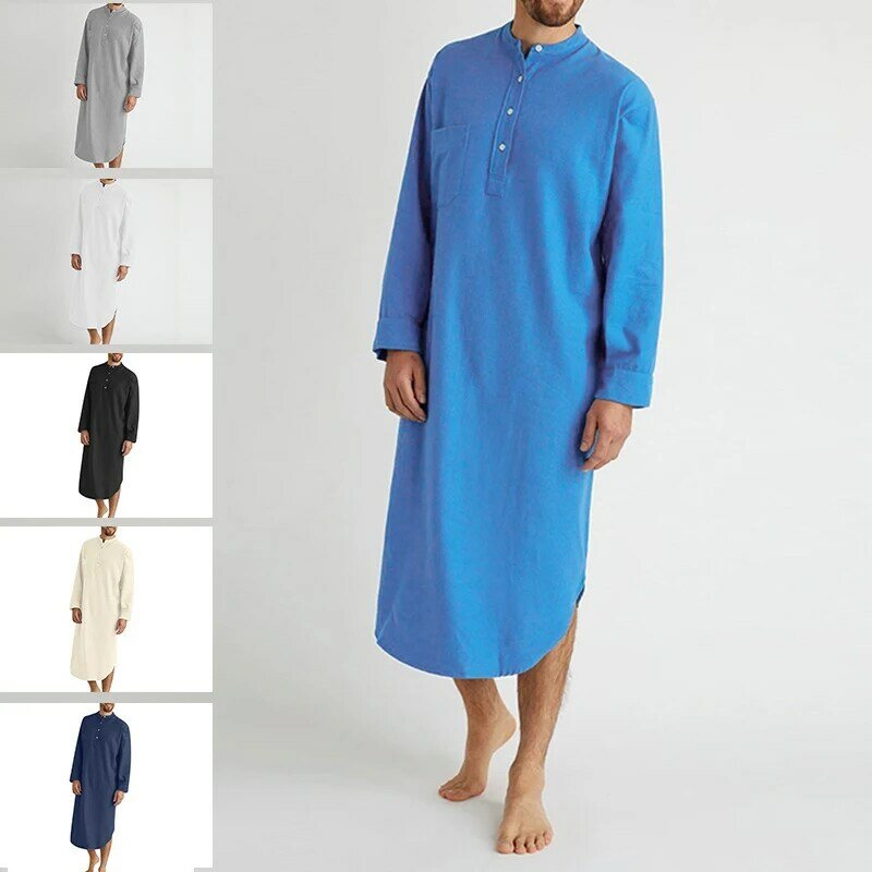 Camisola Abaya muçulmana de algodão manga comprida masculina, veste masculina, túnica árabe na altura do joelho, Jubba Thobe preto, branco casual