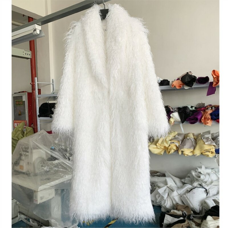 Casaco de pele sintética espessa para mulheres, sobretudo longo, colarinho de frutas verdes, casaco peludo, ovelha, ovelha, roupa de inverno